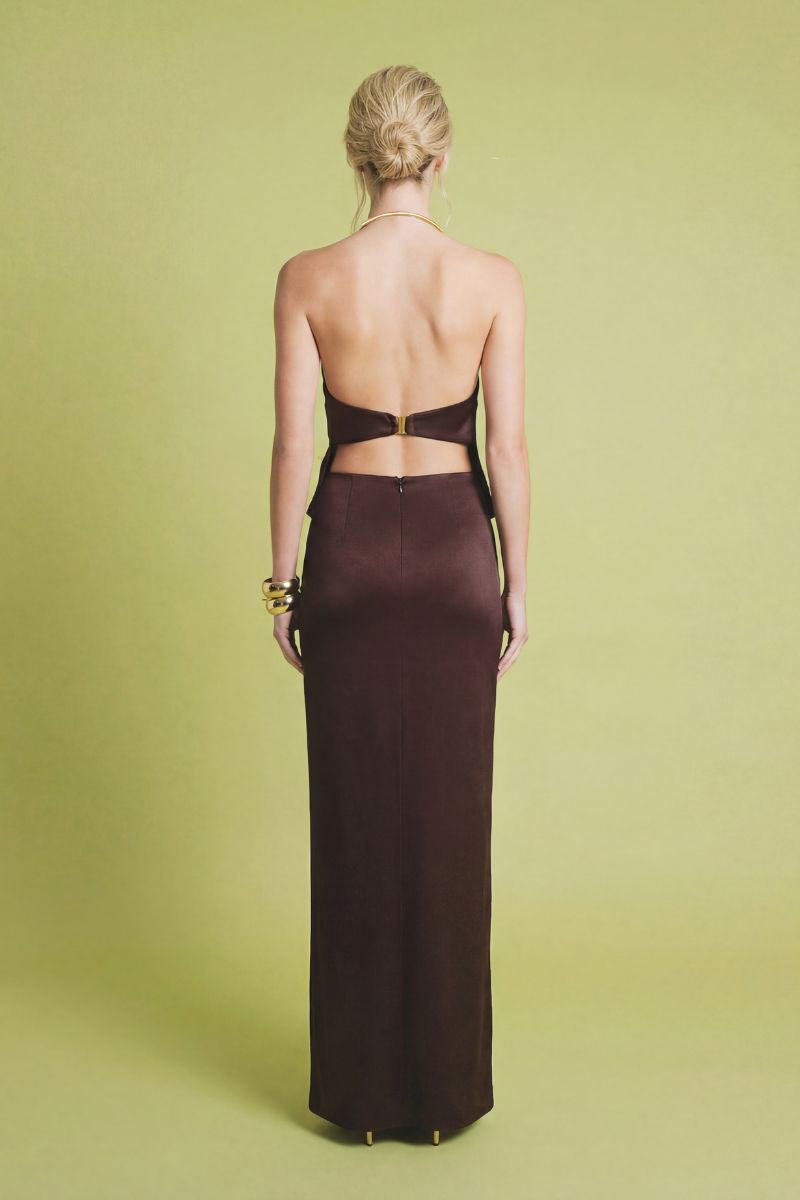 Brown Laura Escobar maxi skirt from the SETA SKIRT collection, featuring flowing fabric and a stylish, elegant design.
