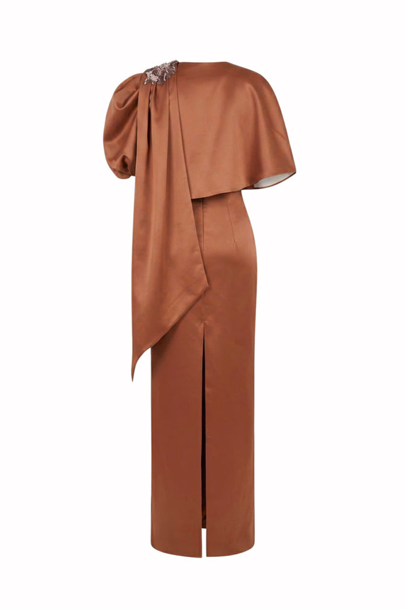 HACCHIC COUTURE Aurora drape cape gown in blush nude, elegant maxi dress with flowing fabric and draped design.