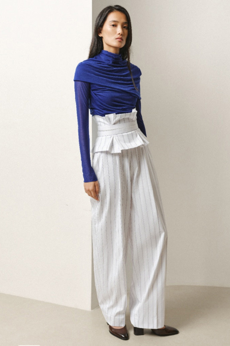 LECIA draped high-neck sheer top, lightweight and flowy, featuring elegant draping and a high neckline, perfect for stylish layering.