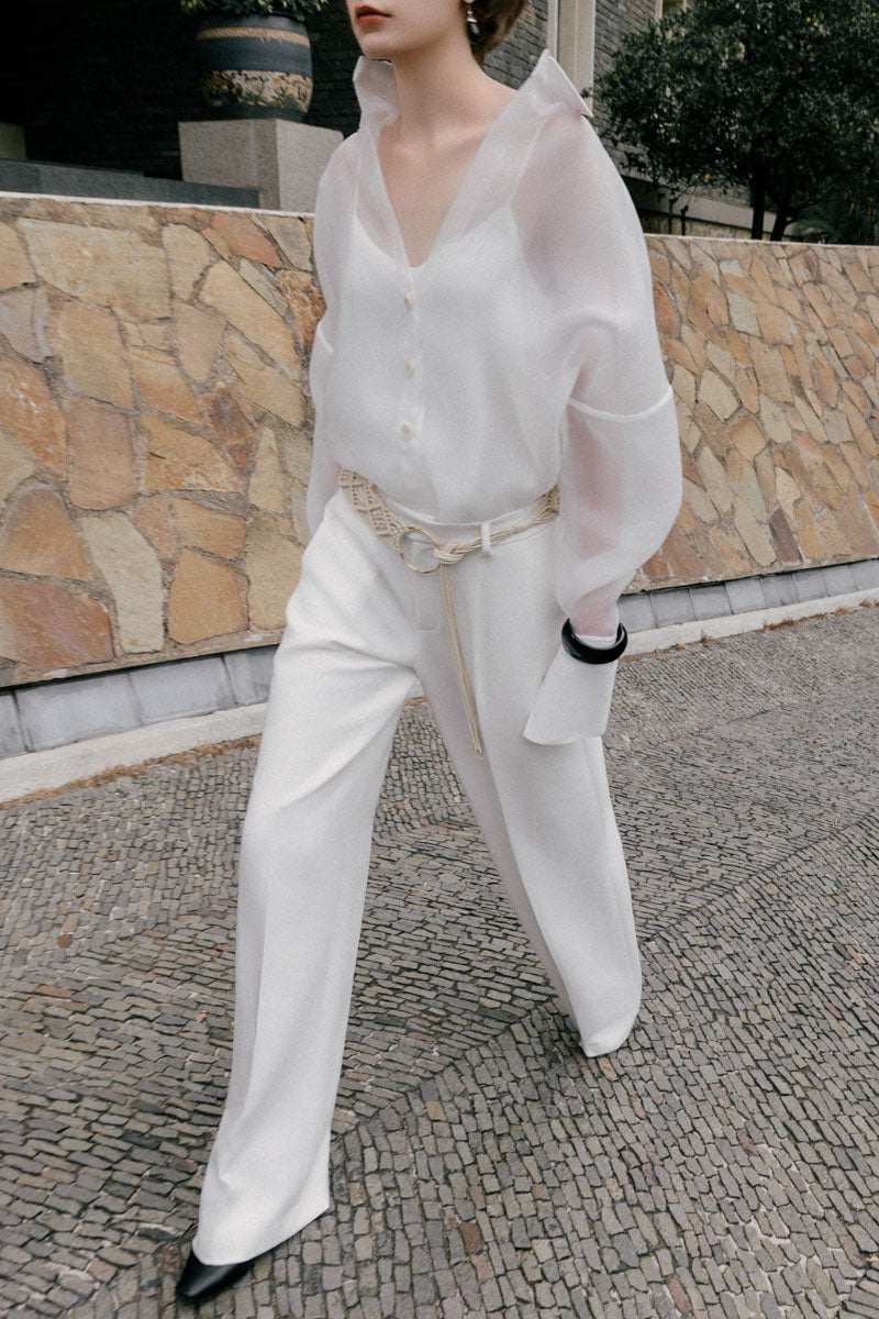 White Plan Hepburn co-ords set featuring a stylish matching top and pants in a chic, modern design.