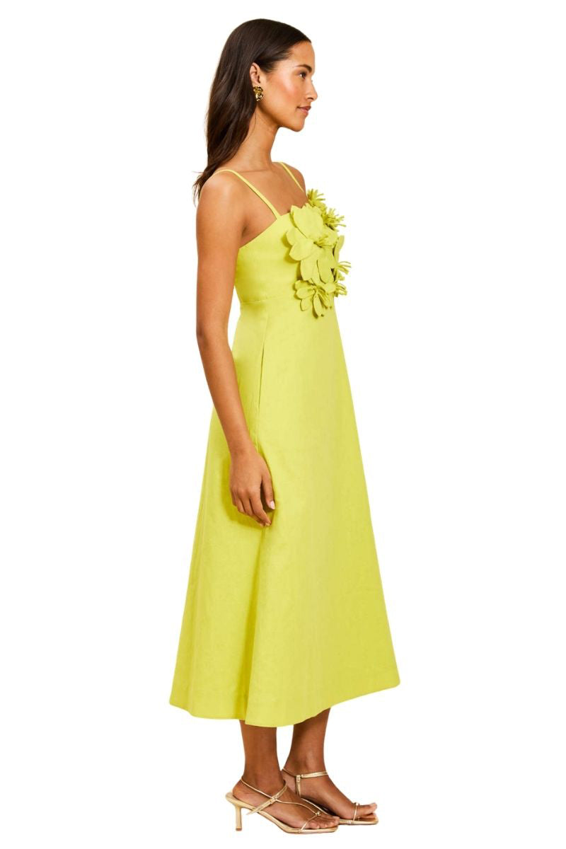 Mestiza New York Esperanza midi dress in vibrant citrus green, flowing fabric and elegant design, perfect for stylish occasions.