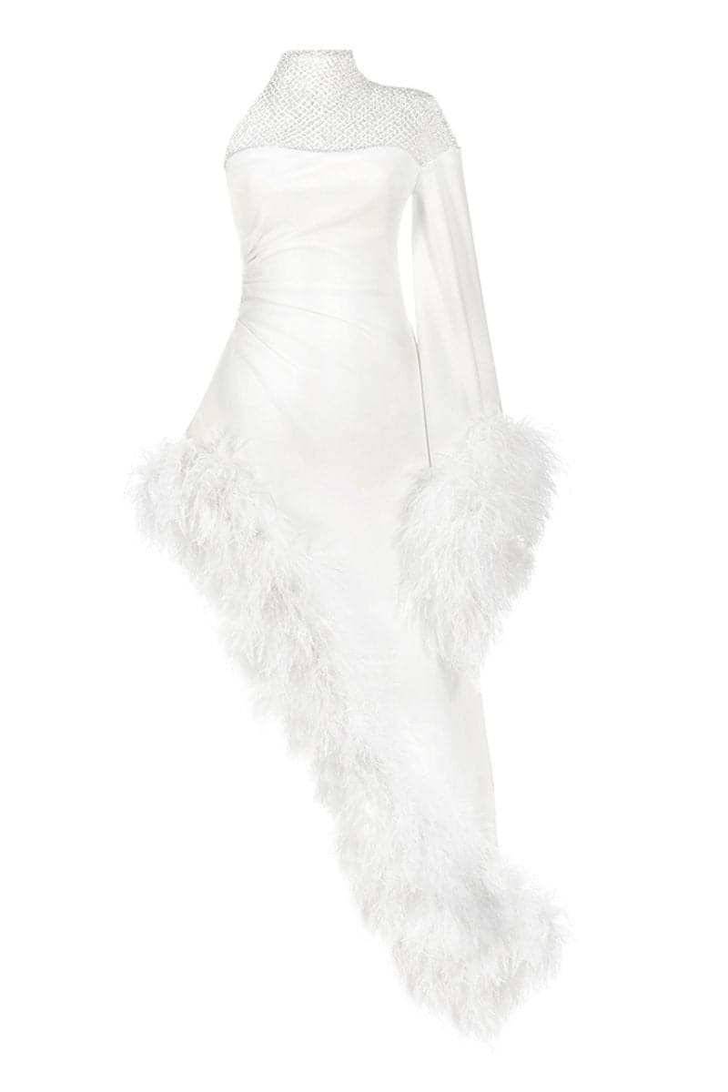 LUXURY FEATHER-TRIM CREPE MAXI DRESS - CULT MIA
