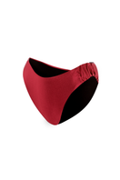 Suncillo Gina glossy bikini bottom in cherry red, featuring a shiny finish and classic cut, laid flat on a white background.