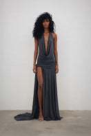 Deme By Gabriella Meadow Gray Dress gown with flowy fabric and relaxed fit, displayed on a hanger against a neutral background.