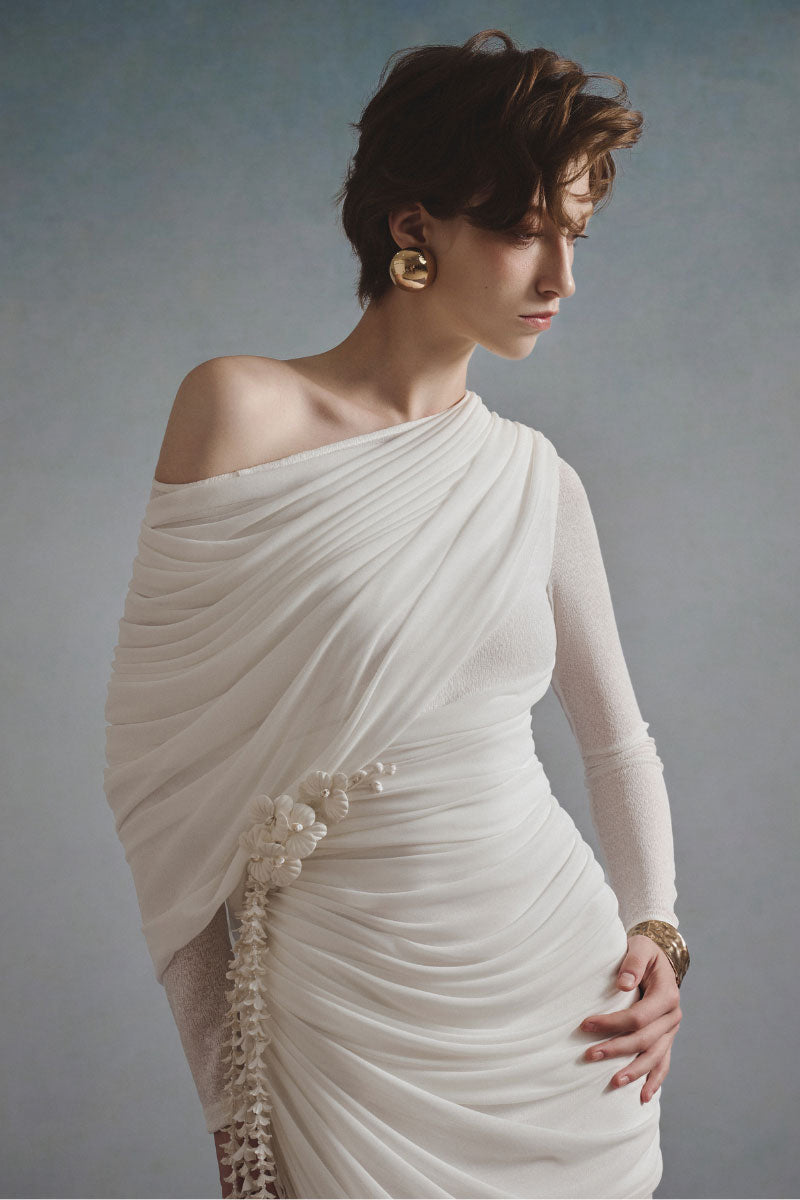 White Plan Selene draped maxi dress featuring flowing fabric and elegant design, perfect for stylish summer or evening wear.