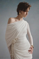 White Plan Selene draped maxi dress featuring flowing fabric and elegant design, perfect for formal or casual occasions.