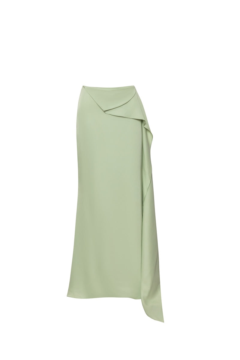 Baobab Lorena Maxi Skirt in flowing fabric with a stylish pattern, displayed on a hanger.