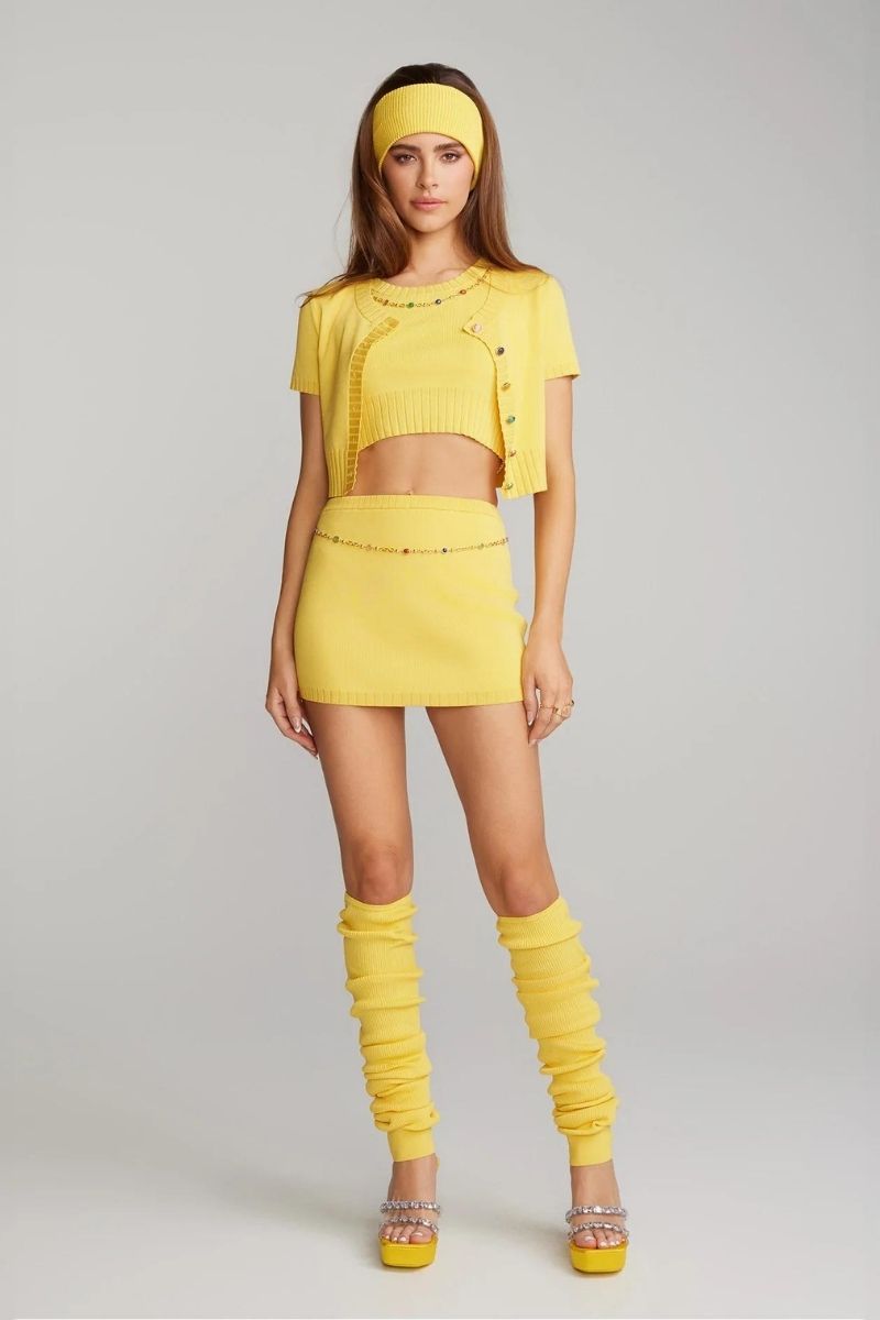 Nana Jacqueline Kennedy yellow knit top set, stylish long-sleeve knit tops with a relaxed fit and vibrant yellow color.