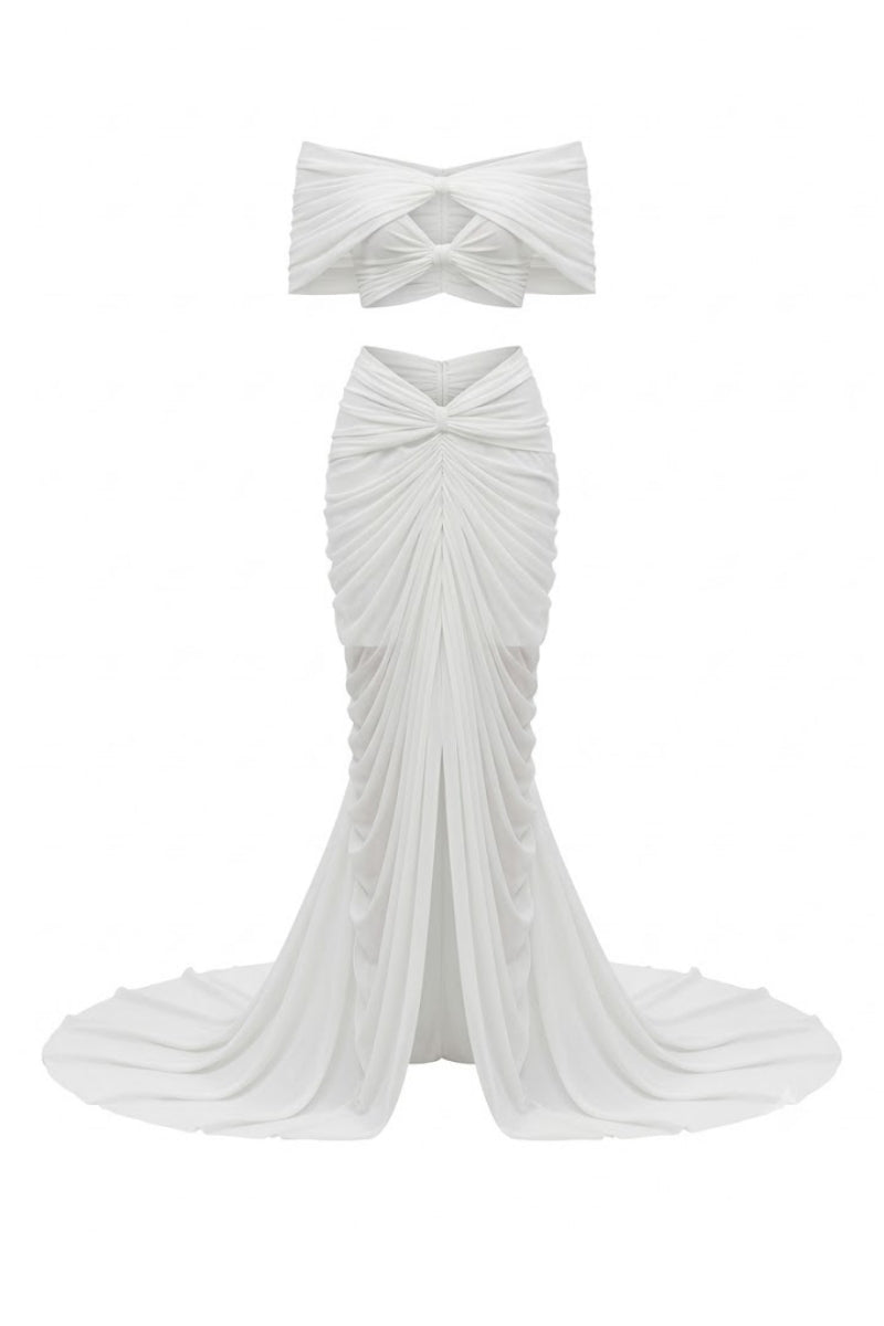 White Plan Palatine Dress gown with elegant fabric, flowing silhouette, and intricate detailing, perfect for formal occasions.