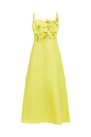 Mestiza New York Esperanza midi dress in vibrant citrus green, flowing fabric, sleeveless design, and elegant silhouette.