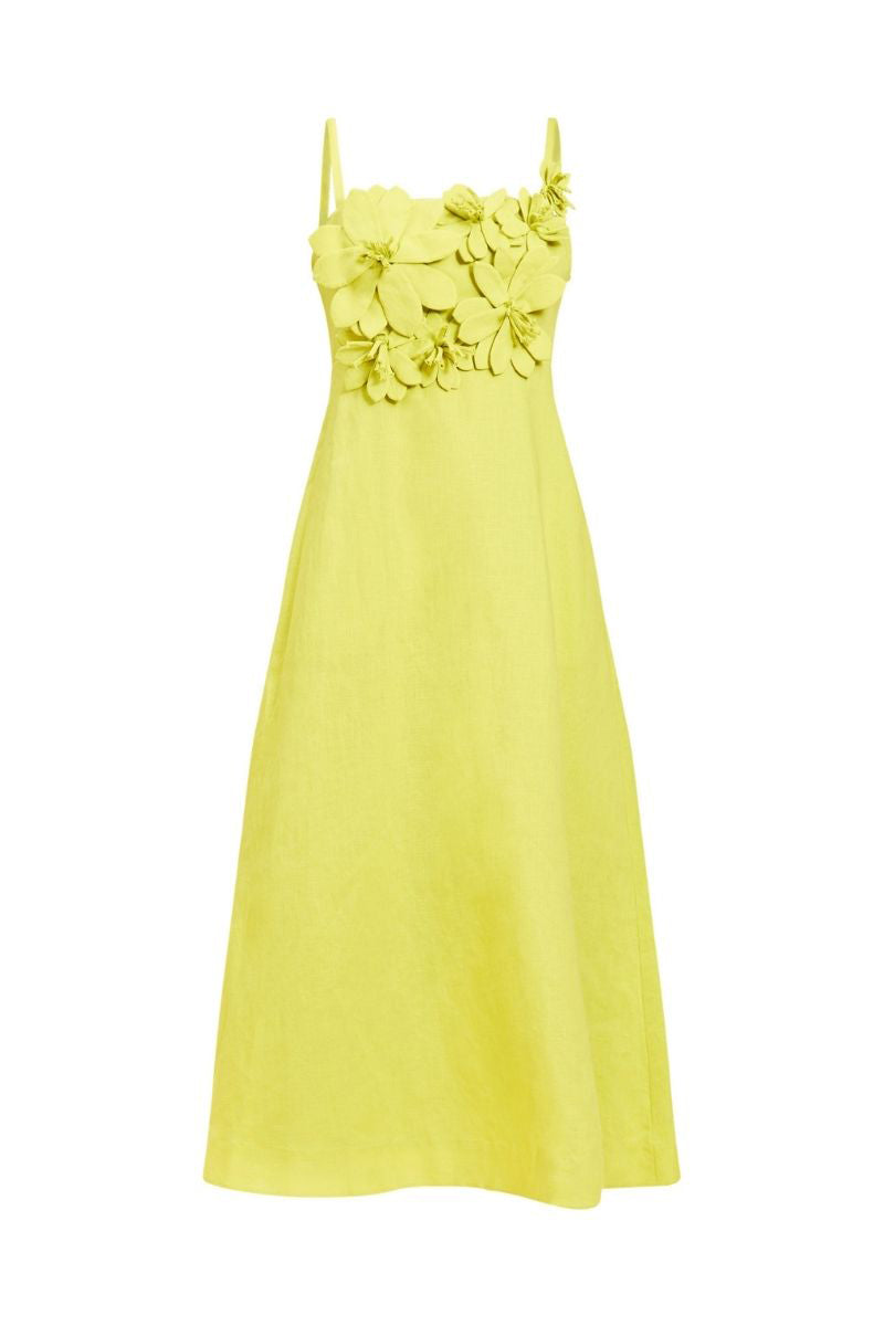 Mestiza New York Esperanza midi dress in vibrant citrus green, flowing fabric, sleeveless design, and elegant silhouette.