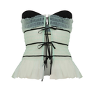 Sudi Etuz strapless tulle tie-front top in soft, sheer fabric with delicate ruffle details and a fitted silhouette.
