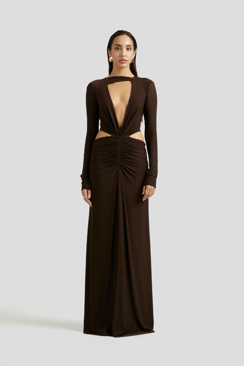 AMALIE MAXI DRESS IN CHOCOLATE BROWN - CULT MIA