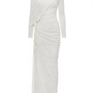 White Plan Selene draped maxi dress with flowing fabric and elegant design, showcased in a full-length image.