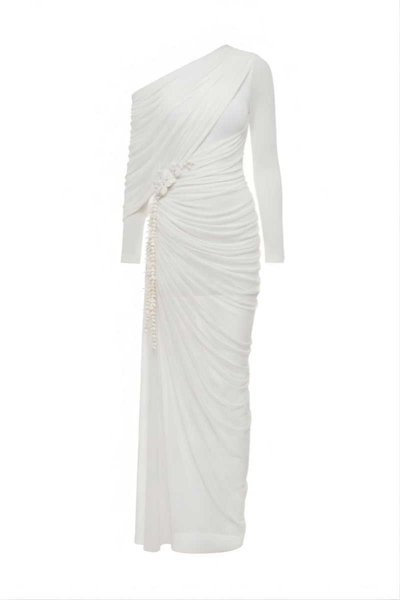 White Plan Selene draped maxi dress with flowing fabric and elegant design, displayed on a model against a neutral background.