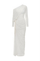 White Plan Selene draped maxi dress with flowing fabric and elegant design, showcased in a full-length image.