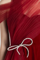 Happy Clothing Leslie fit and flare crossover mesh taffeta midi gown with flared skirt and mesh detailing.