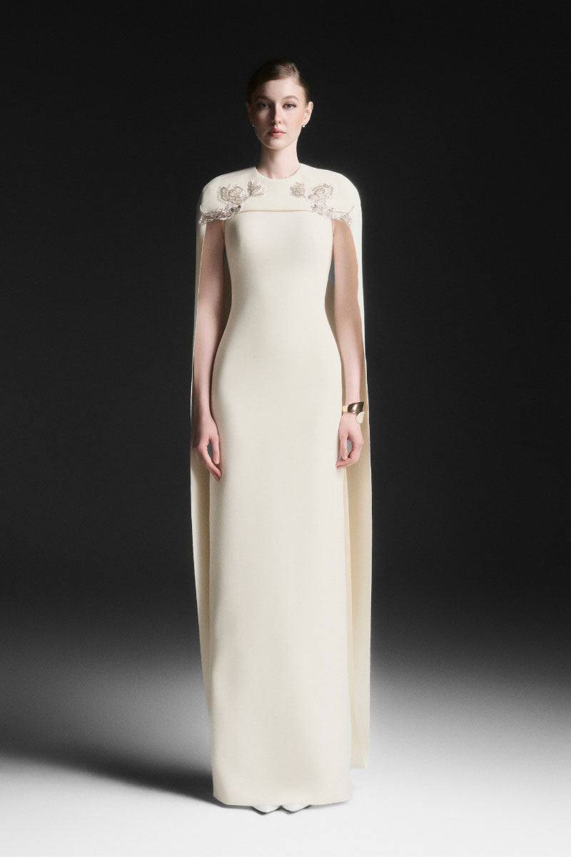 NYXELLE CAPE SLEEVE FLOOR LENGTH DRESS IN VANILLA CREAM | CULT MIA NYXELLE CAPE SLEEVE FLOOR LENGTH DRESS IN VANILLA CREAM | CULT MIA