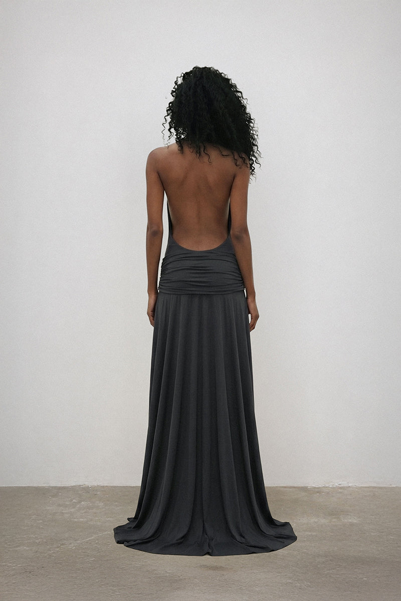 Deme By Gabriella Meadow Gray Dress gown with flowing fabric and elegant design, perfect for formal occasions.