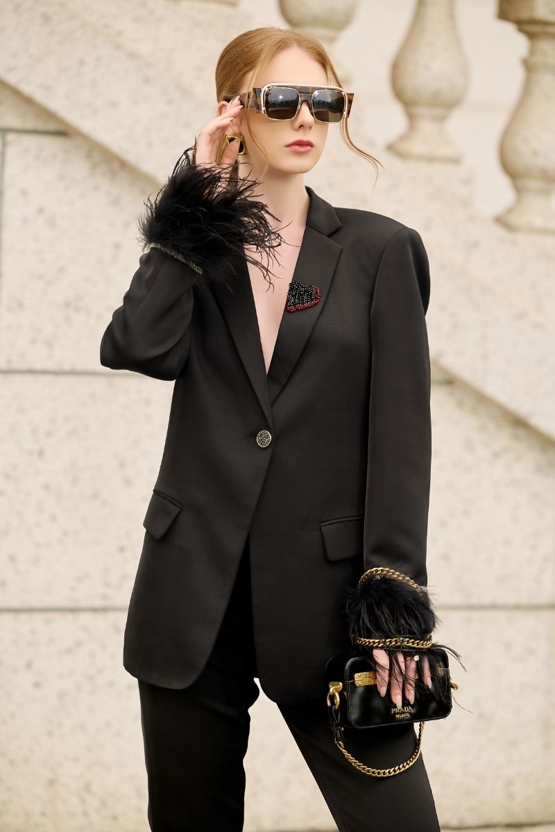 BLACK KELLY TAFFETA FEATHER SUIT JACKET AND PANTS SET - CULT MIA