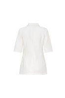 White short sleeve blazer jacket by Valenciani, shown on a model, featuring tailored fit and classic lapel design.