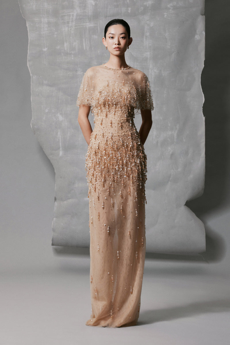 STRAIGHT LONG DRESS WITH SHEER MESH CAPE NECKLINE IN GOLD