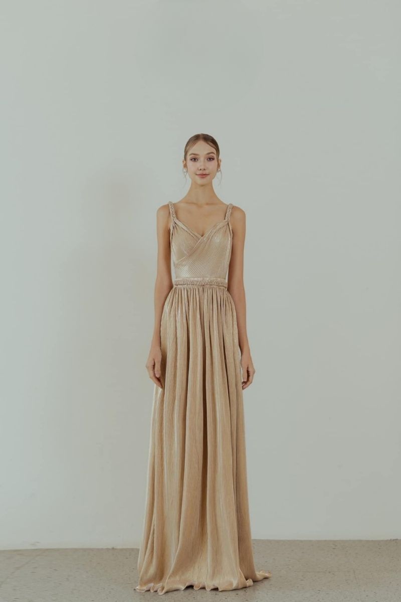 METALLIC A-LINE BEIGE GOWN - CULT MIA