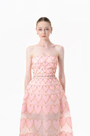 Blush pink embellished gown with heart motif by Happy Clothing, featuring intricate detailing and elegant fabric.