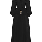 Black midi dress by CEM with gold jeweled embellishments, featuring a fitted silhouette and elegant design.