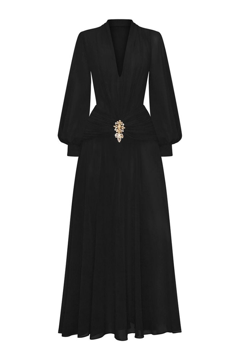 GOLD JEWELED EMBELLISHMENT BLACK DRESS - CULT MIA