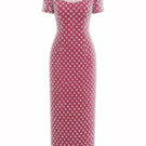 Rose pink Camellia Crystal Mesh Dress by HACCHIC COUTURE, midi length with intricate crystal details and elegant mesh fabric.
