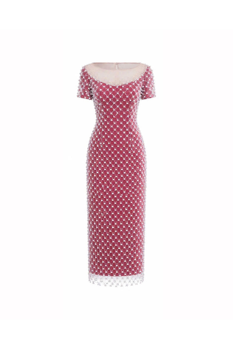 HACCHIC COUTURE Camellia crystal mesh midi dress in rose pink with intricate crystal details and elegant flowing design.