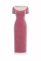 Rose pink Camellia Crystal Mesh Dress by HACCHIC COUTURE, midi length with intricate crystal details and elegant mesh fabric.