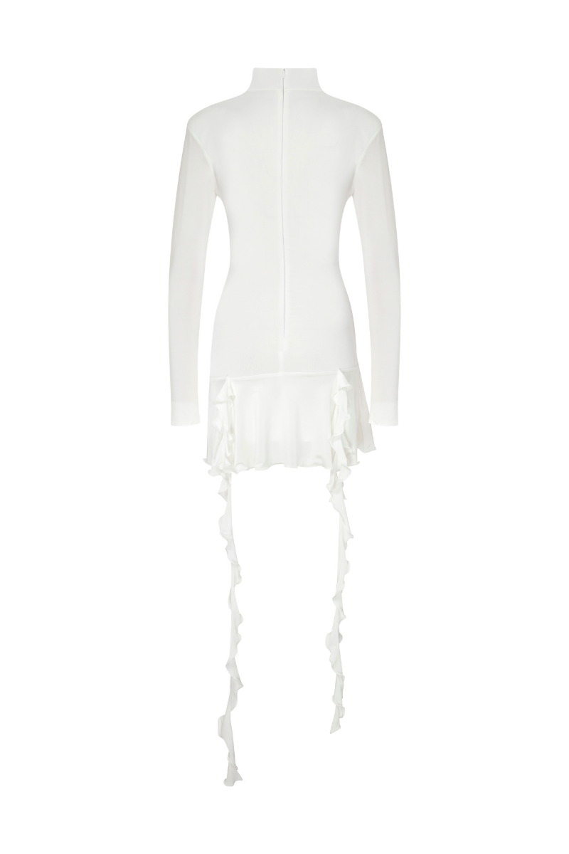 WHITE TURTLE NECK MINI JERSEY DRESS WITH RUFFLES - CULT MIA