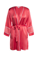 NK IMODE Melody Self-Indulge short robe in cherry, soft fabric with a relaxed fit, displayed hanging with floral accents.