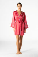 NK IMODE Melody Self-Indulge Cherry Short Robe, soft fabric with cherry print, shown hanging on a hook.