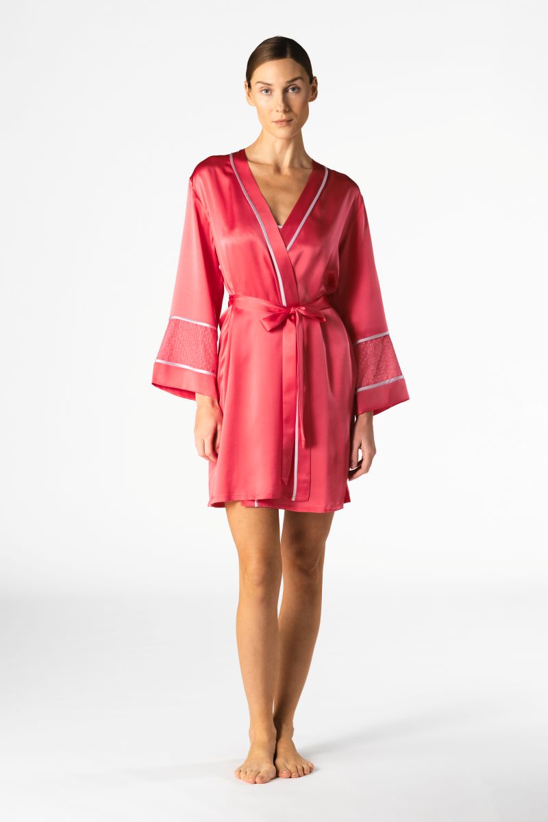 NK IMODE Melody Self-Indulge Cherry Short Robe, soft fabric with cherry print, shown hanging on a hook.