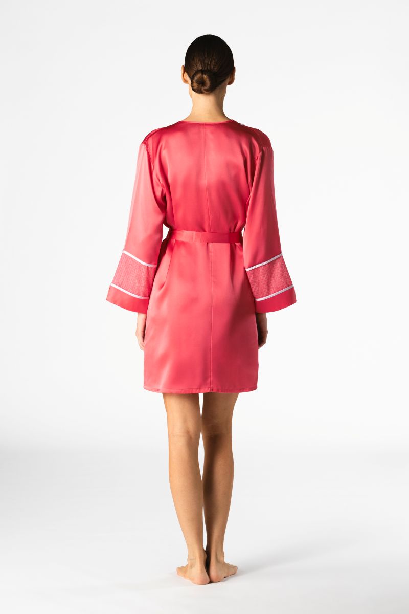 NK IMODE Melody Self-Indulge short robe in cherry, soft fabric with a relaxed fit, featuring a tie waist and lace trim.