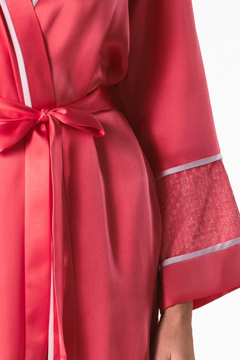 NK IMODE Melody Self-Indulge Short Robe in cherry fabric, showing a luxurious satin robe with lace trim and a relaxed fit.