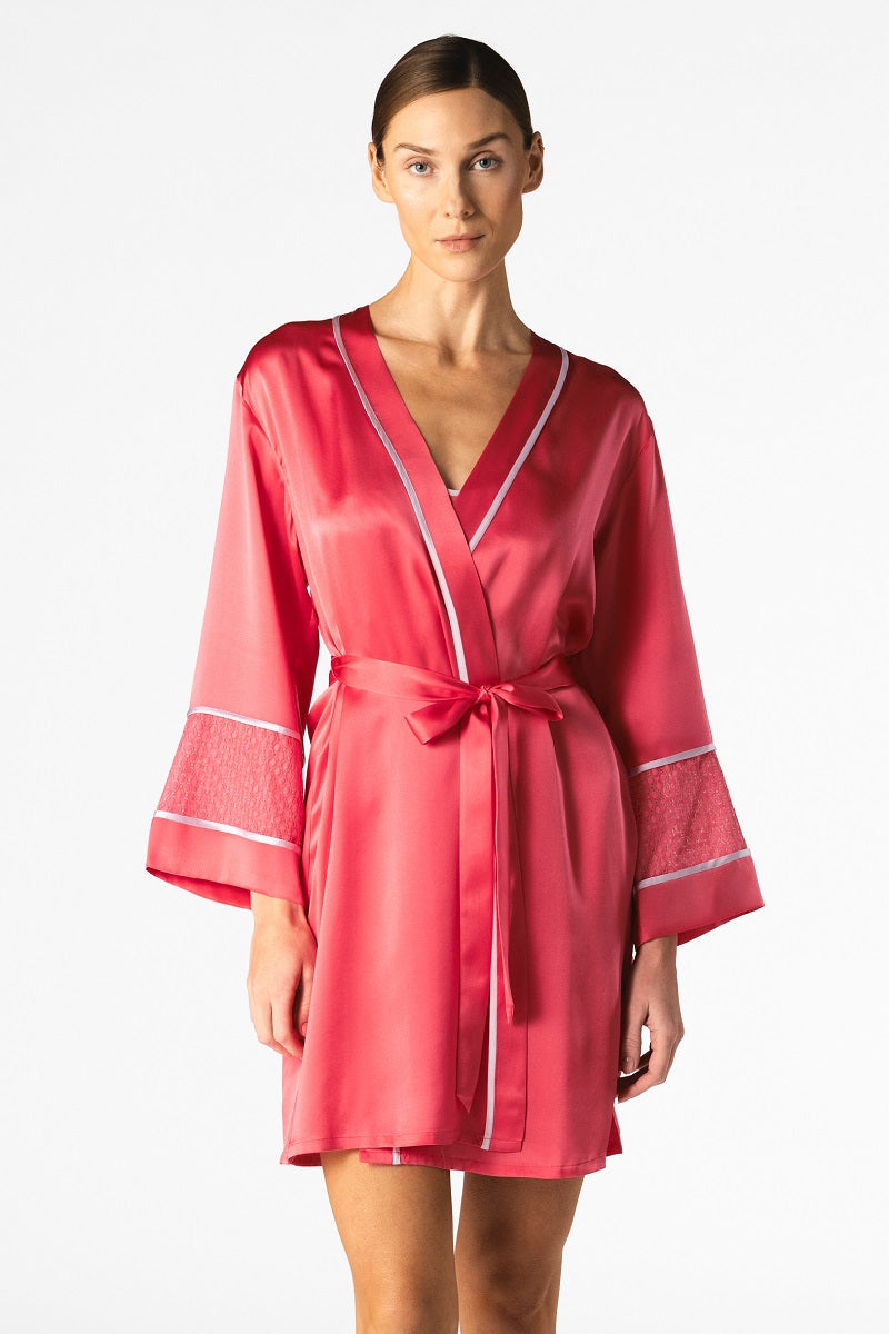 NK IMODE Melody Self-Indulge short cherry robe, soft fabric with lace trim, displayed on a hanger against a neutral background.