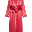 NK IMODE Melody Self-Indulge cherry satin midi robe with long sleeves and a relaxed fit, displayed on a hanger.