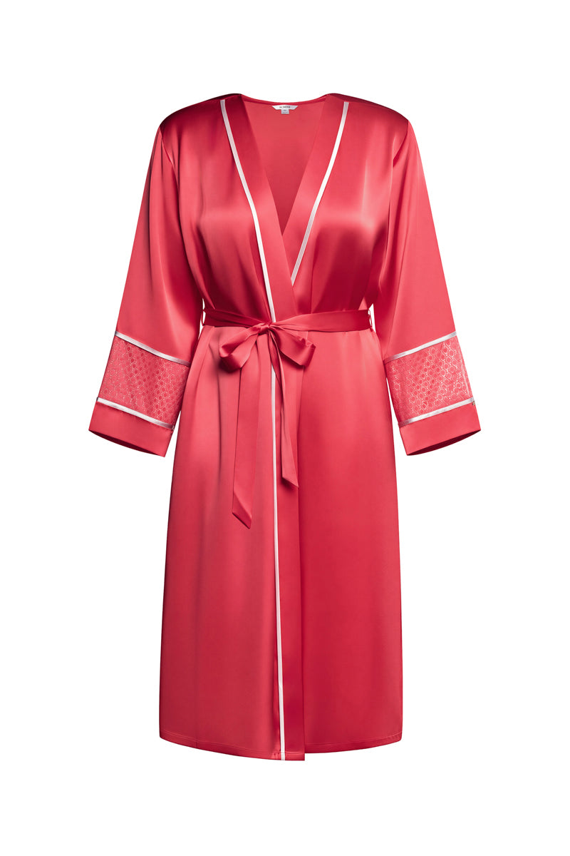 NK IMODE Melody Self-Indulge cherry midi robe displayed hanging with soft fabric and a relaxed fit.