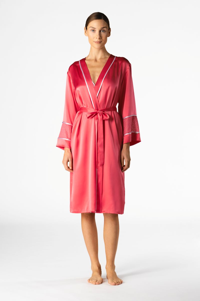 NK IMODE Melody Self-Indulge midi robe in cherry, soft satin fabric with a relaxed fit and floral print, displayed on a hanger.