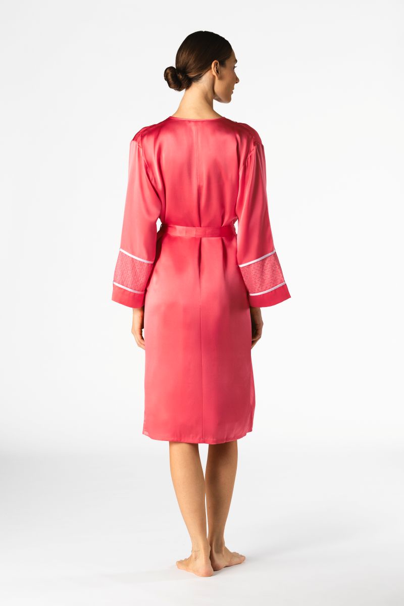 NK IMODE Melody Self-Indulge Cherry MIDI Robe displayed in soft cherry fabric with a relaxed fit and elegant design.