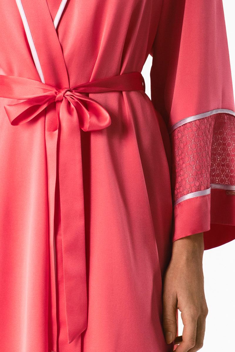 NK IMODE Melody Self-Indulge Cherry midi robe displayed in soft cherry fabric with a relaxed fit and elegant design.