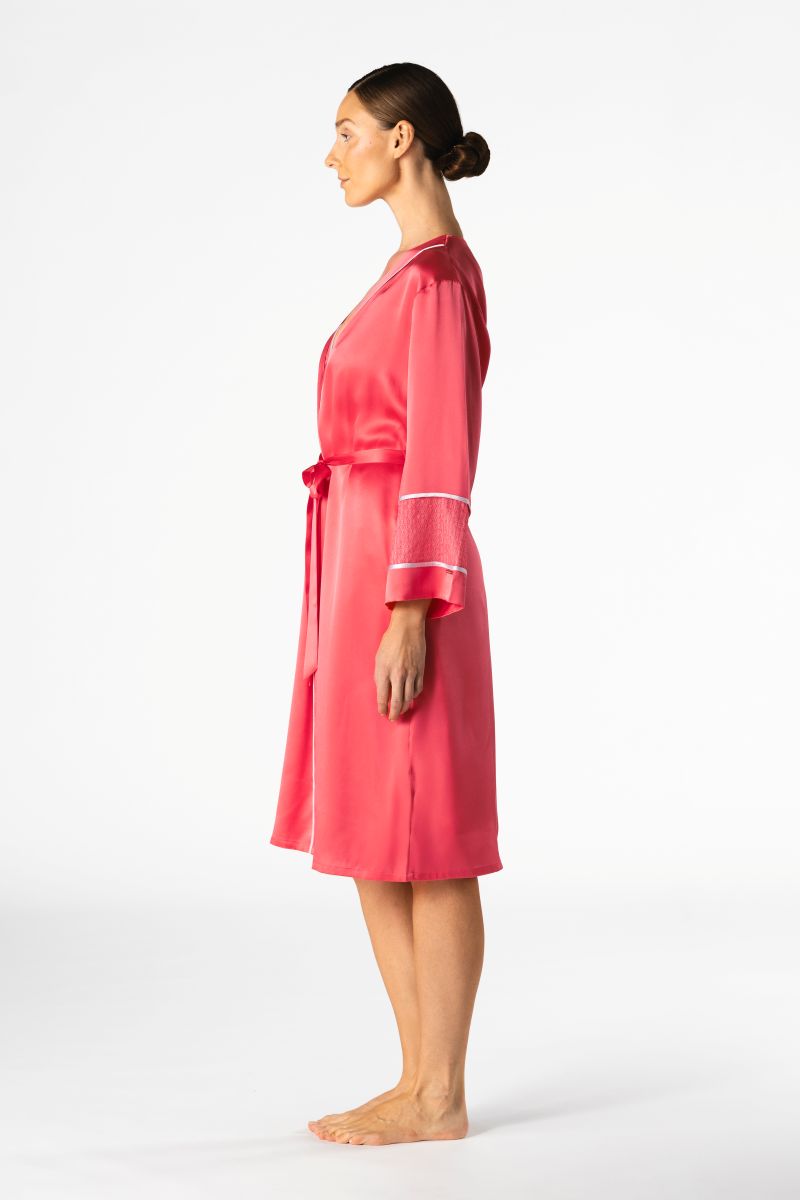 NK IMODE Melody Self-Indulge Cherry Midi Robe displayed with soft fabric and a relaxed fit, featuring a cherry-colored satin finish.