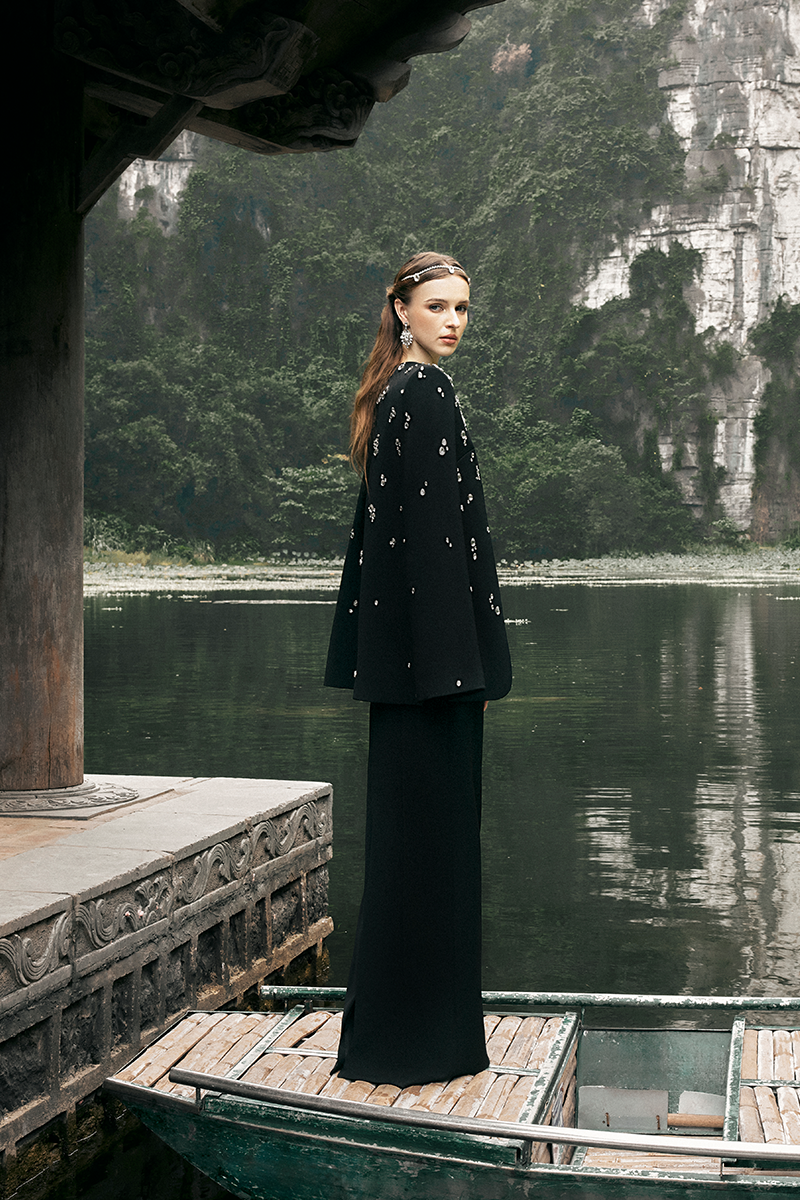 BLACK STRAIGHT ACROSS WITH CRYSTAL EMBELLISHMENTS GOWN - CULT MIA