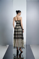 Black and white lattice strapless mesh gown by Happy Clothing, featuring intricate design and elegant flowing fabric.