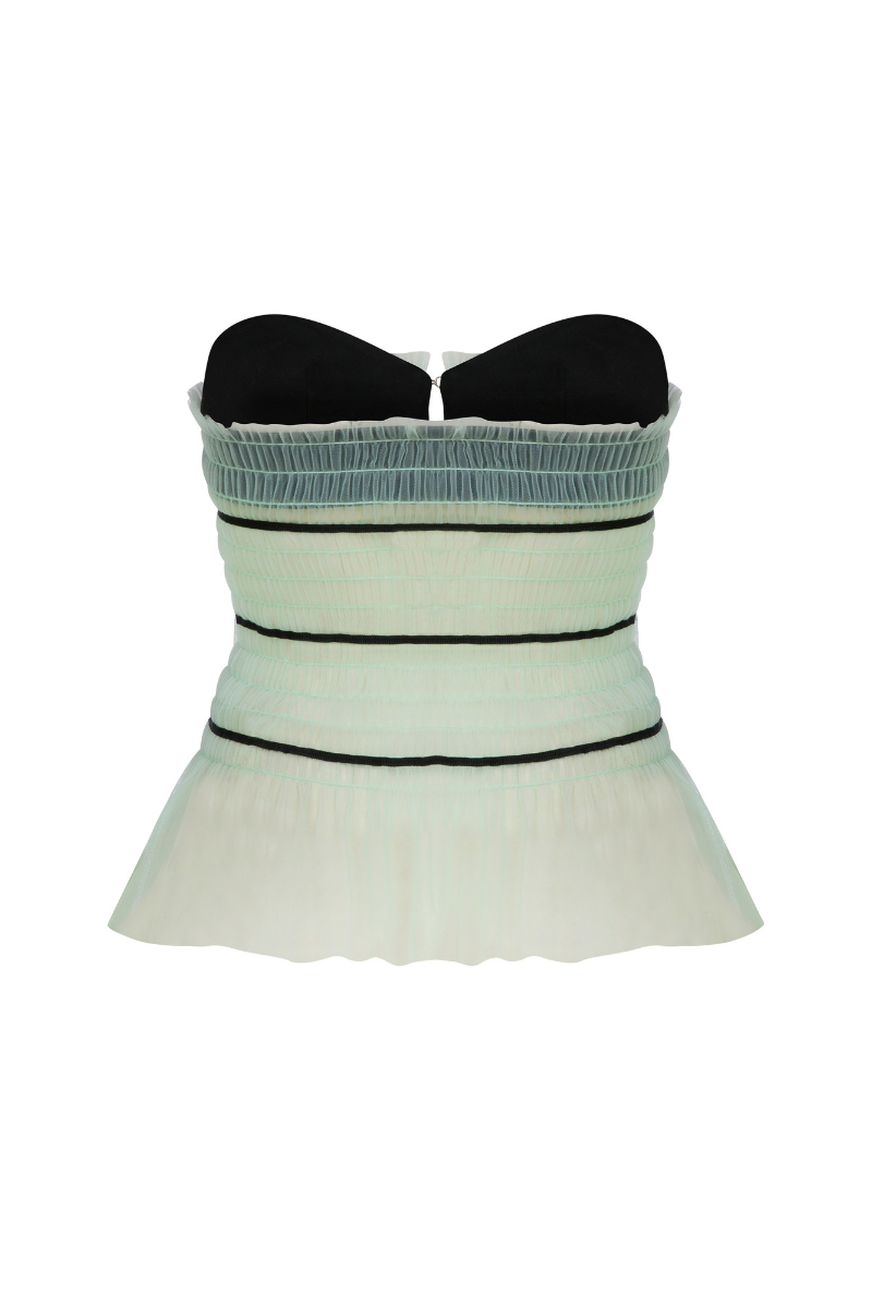 Sudi Etuz strapless tulle tie-front top showing lightweight, sheer tulle fabric with a stylish tie detail at the front.
