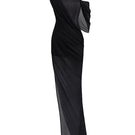 Black off-shoulder slit maxi dress by CEM, flowing fabric with elegant off-shoulder design and high slit for a stylish look.